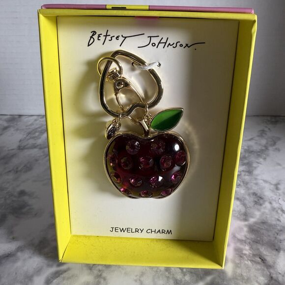 New Betsey Johnson Apple Bag Clip Jewelry Charm Keychain Teachers Gift Box - Picture 5 of 5
